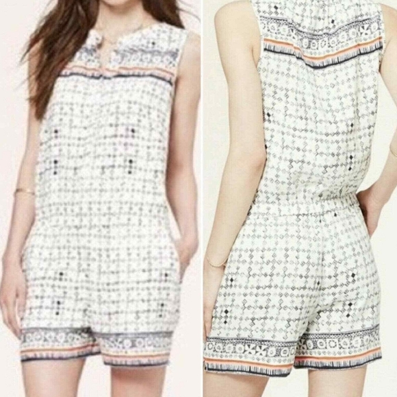 {LOFT} Linen Blend Antique Tile Romper Size Medium - Picture 1 of 12